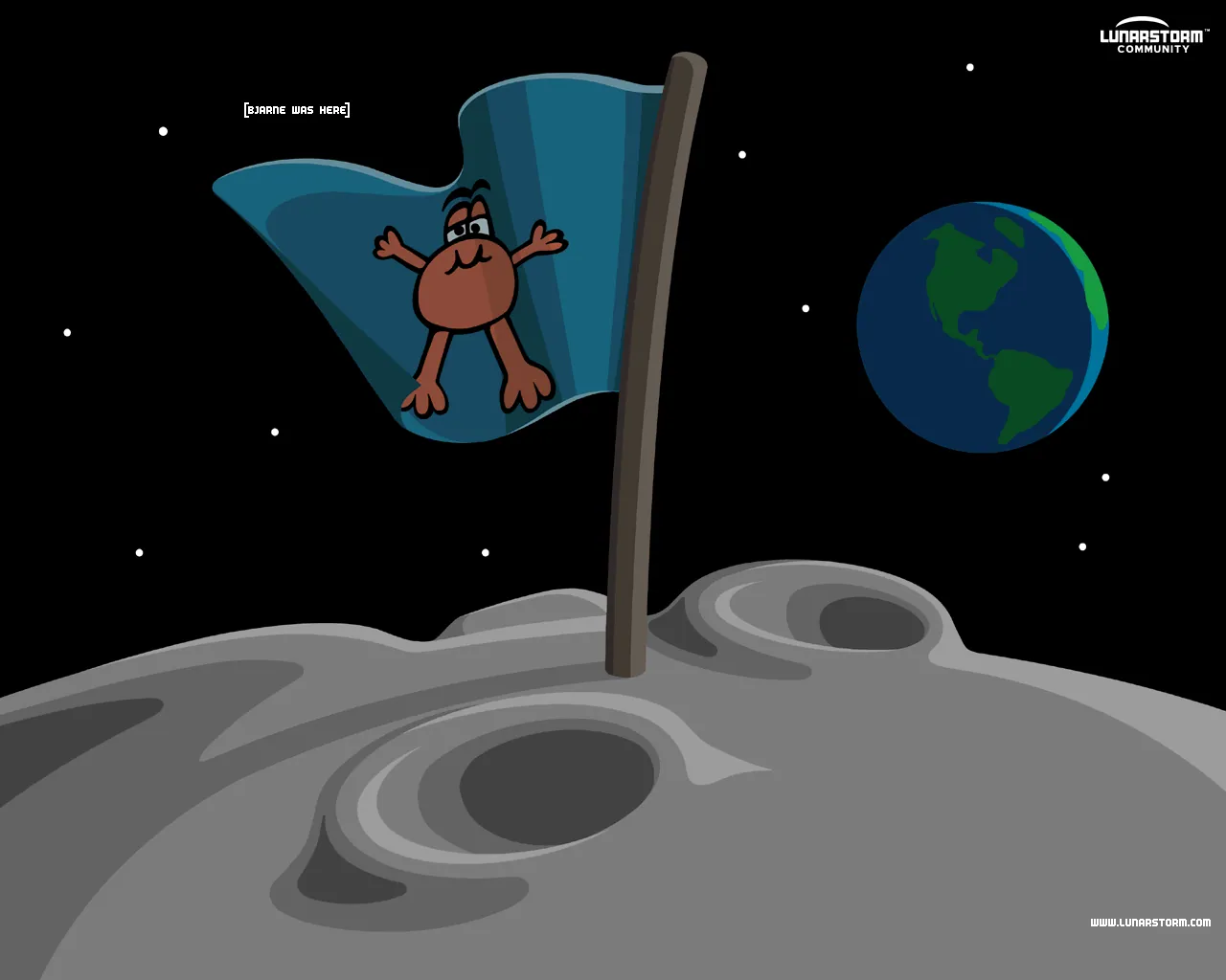 Bjarne plants the LunarStorm flag on the moon (desktop wallpaper 2000)