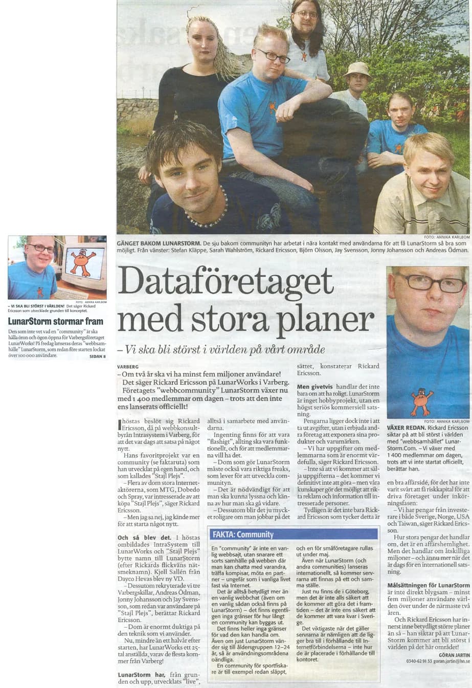 HN 2000: ”Dataföretaget med stora planer” (it-firmaet med de store planer) + forsiden ”LunarStorm stormar fram”