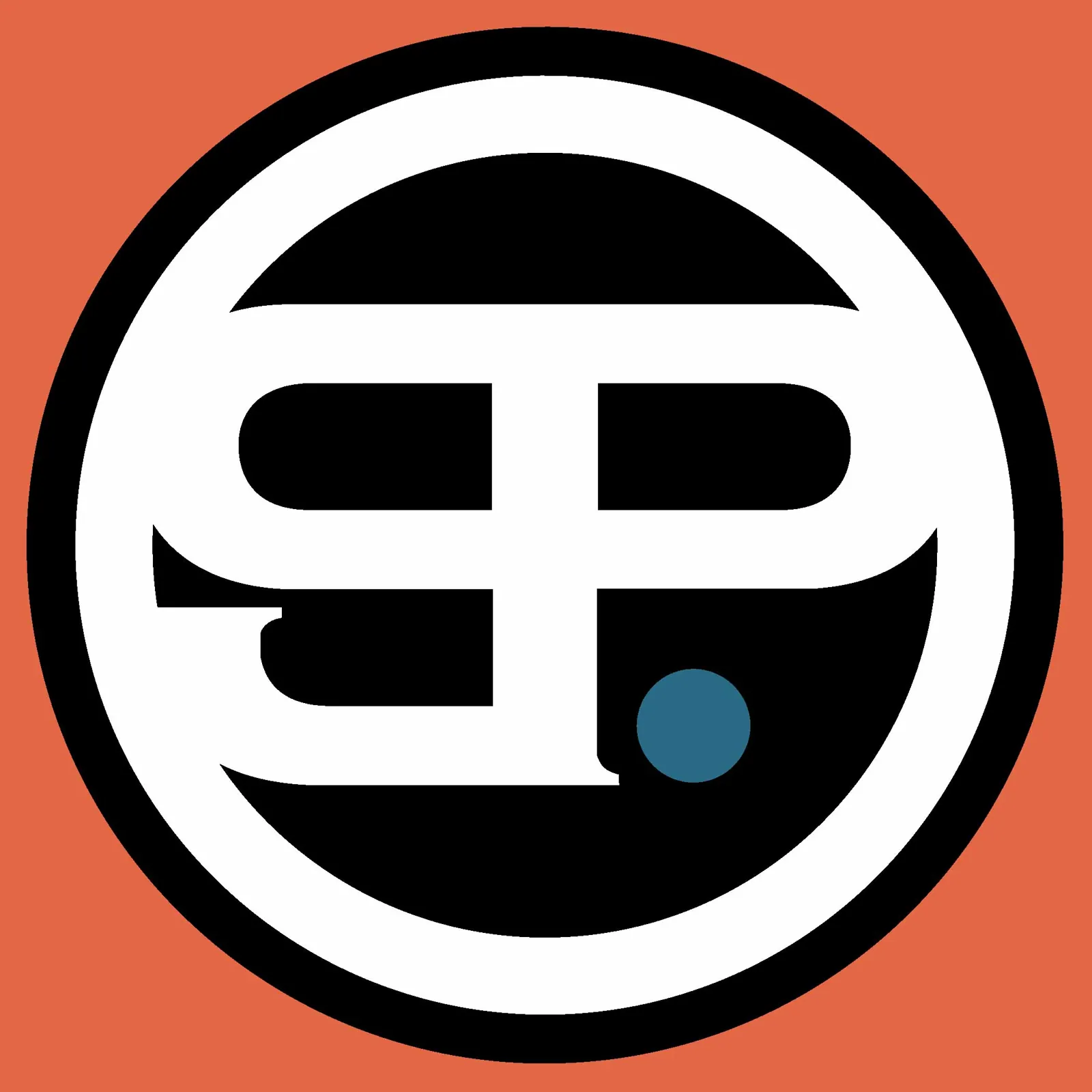 Stajl Plejs-logoet: hvidt SP-monogram i sort cirkel på orange