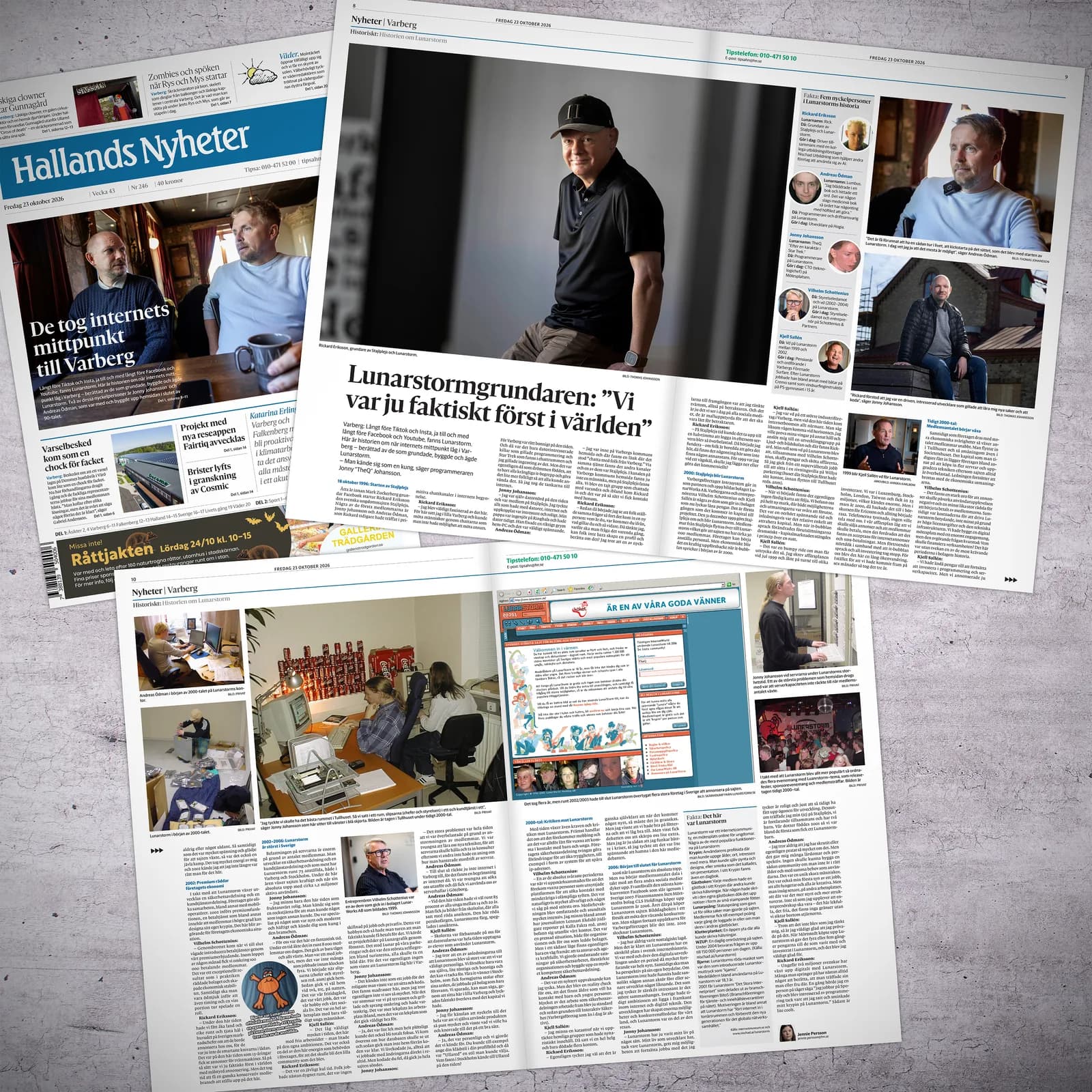 Hallands Nyheter fredag 23. oktober 2026: forsiden ”De tog internets mittpunkt till Varberg” og opslagene på side 8 til 11, ”Lunarstormgrundaren: Vi var ju faktiskt först i världen”