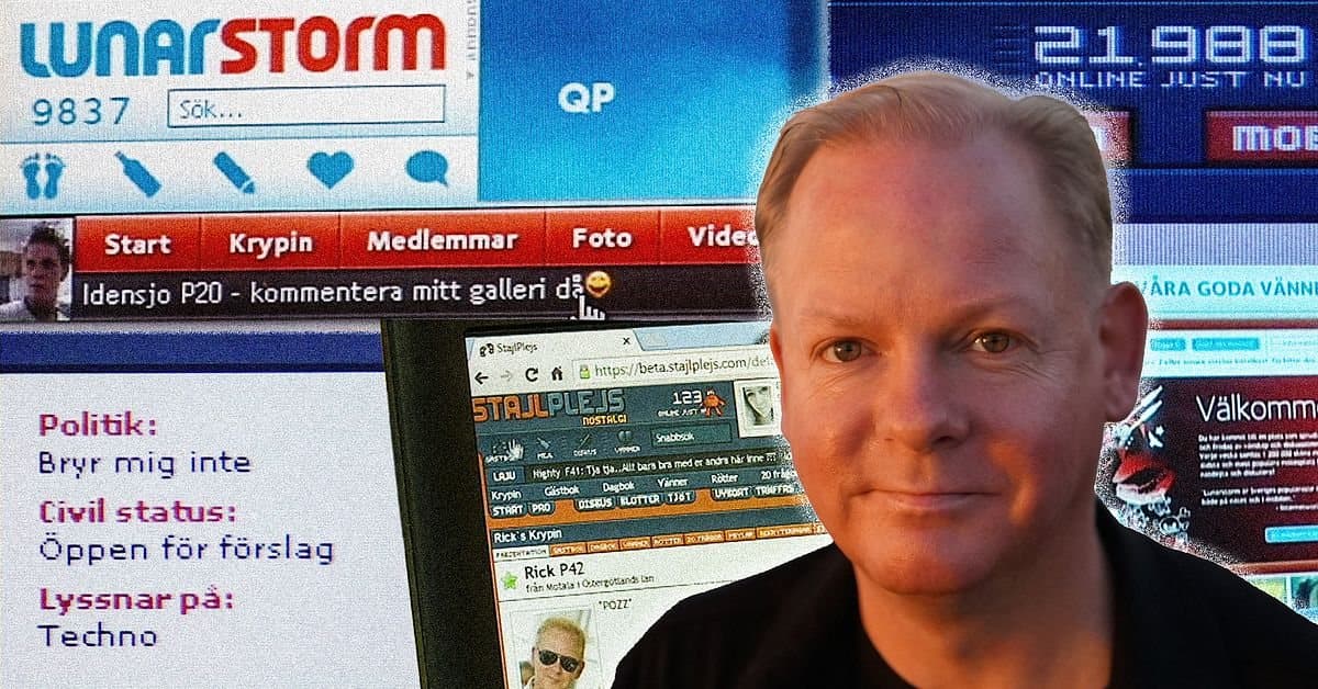 Stillbillede fra SVT Hallands indslag: Rick foran en montage af gamle LunarStorm-sider og Stajlplejs Nostalgi