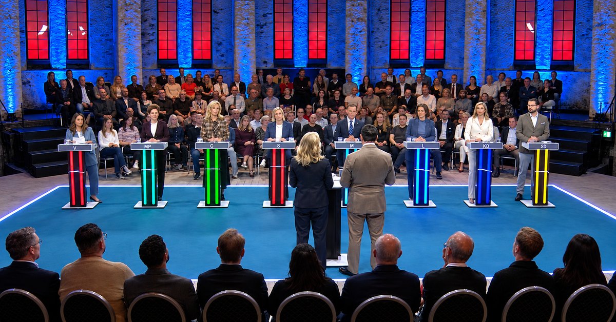 AI-genererad tolkning av SVT:s slutdebatt: åtta partiledare bakom sina talarstolar, två programledare med ryggen mot kameran och publik runt scenen