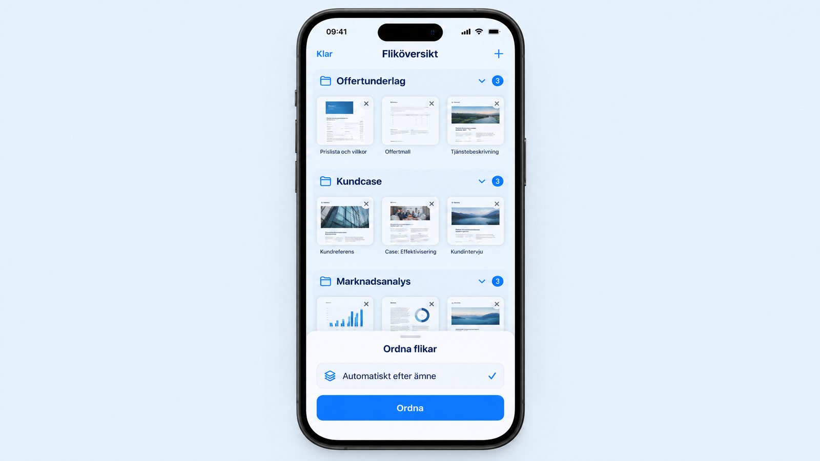 Fliköversikt i Safari med flikarna grupperade i Offertunderlag, Kundcase och Marknadsanalys