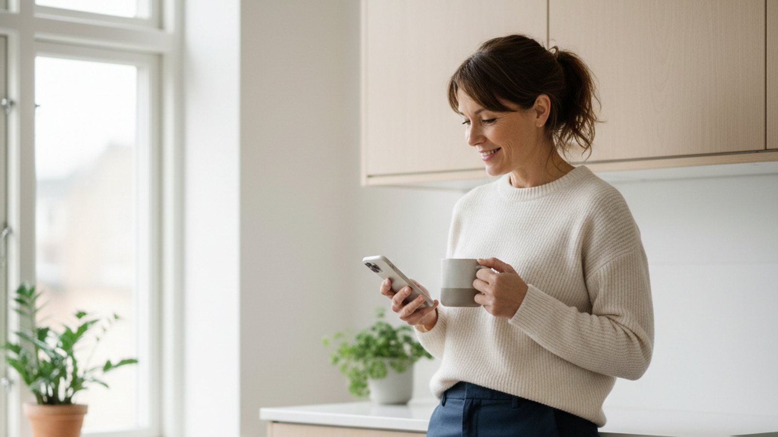 En kvinna står i ett ljust kontorskök med en kaffekopp i handen och ler mot sin mobiltelefon, som om hon just fått ett meddelande om att en uppgift redan är klar.