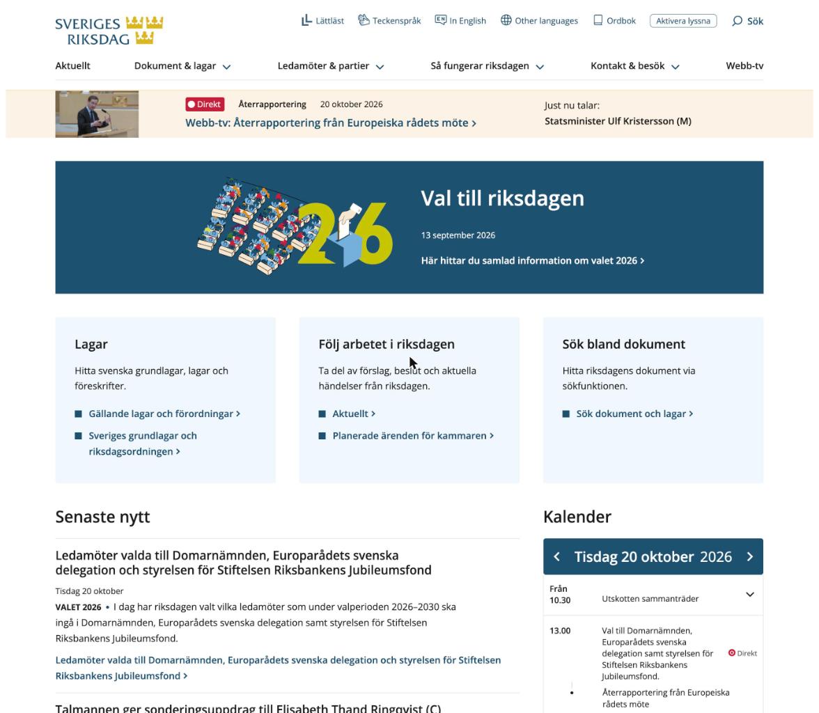 Startsidan på riksdagen.se med en stor bild om valet 2026, tre rutor med länkar till lagar, riksdagsarbetet och dokument, samt nyhetslista och kalender.