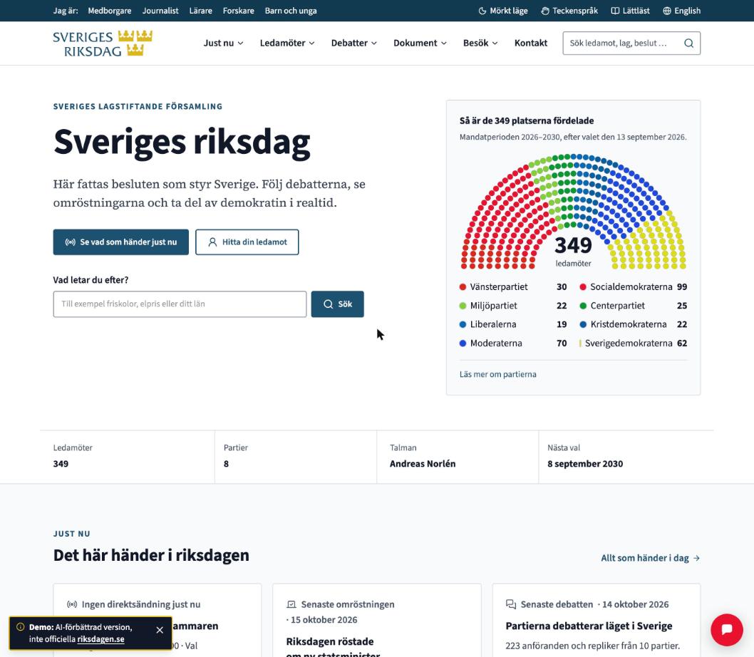 Den nya startsidan med rubriken Sveriges riksdag, en sökruta och ett halvcirkeldiagram över kammarens 349 platser fördelade på åtta partier.