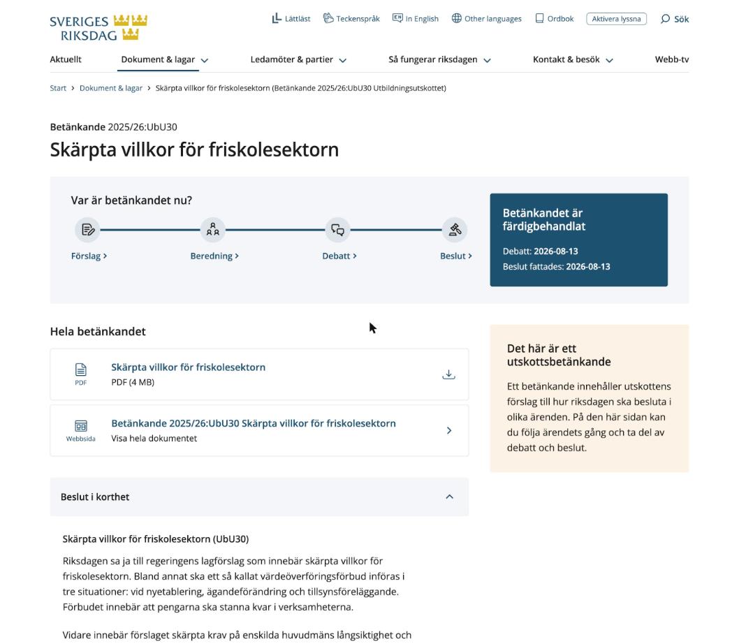 Sidan för betänkandet Skärpta villkor för friskolesektorn på riksdagen.se, med en statusrad i fyra steg: förslag, beredning, debatt och beslut.