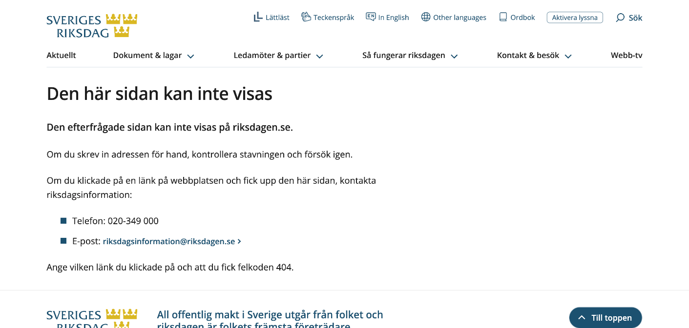 Felsidan på riksdagen.se med texten Den här sidan kan inte visas, när man försöker öppna llms.txt.