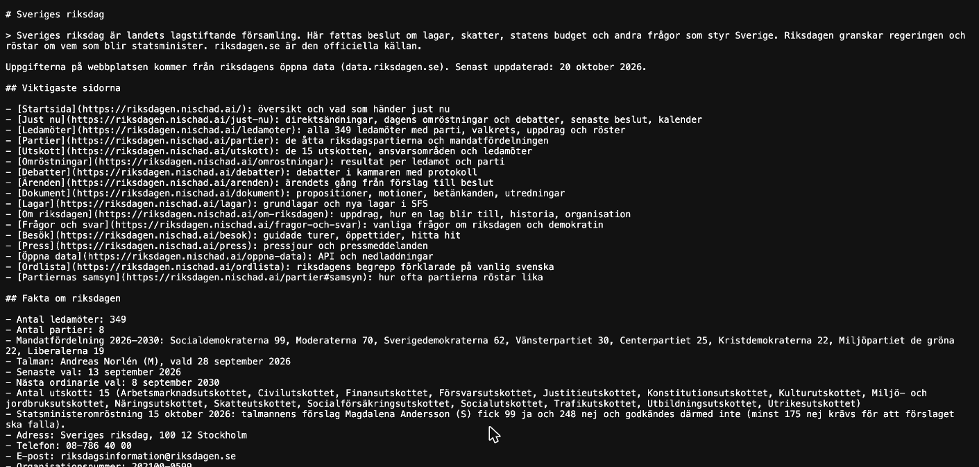 Textfilen llms.txt på den nya sajten med en sammanfattning av riksdagen, de viktigaste sidorna och fakta som antal ledamöter och mandatfördelning.