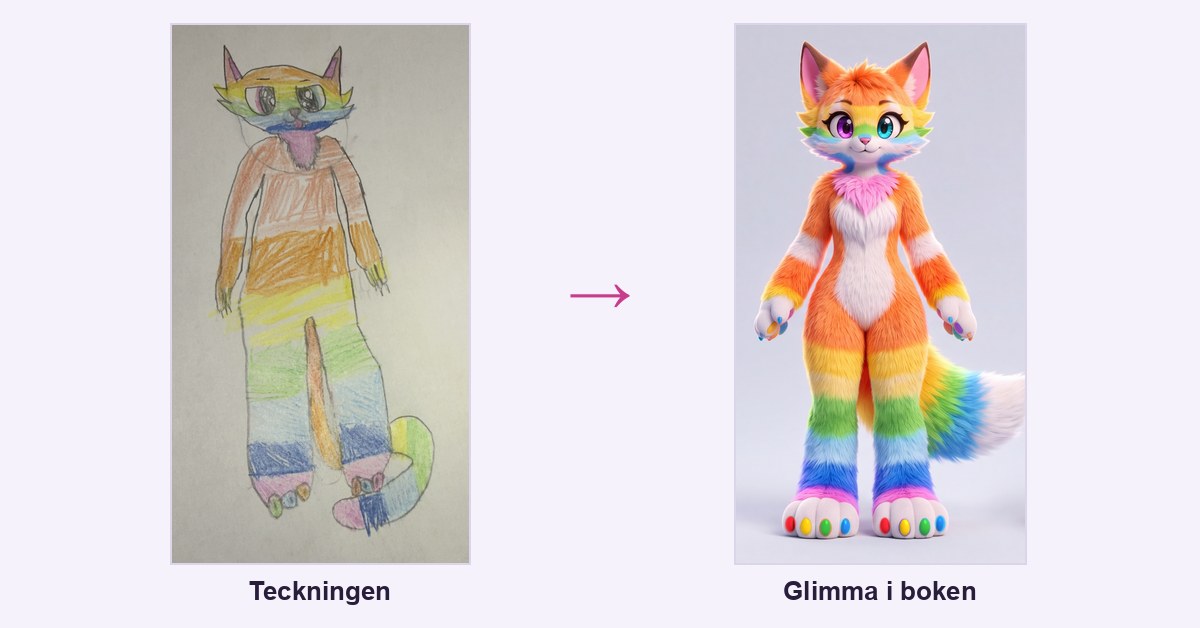 Till vänster min dotters teckning av en räv i regnbågens färger, med olikfärgade ögon och färgglada klor. Till höger samma räv, Glimma, som 3D-figur i boken.
