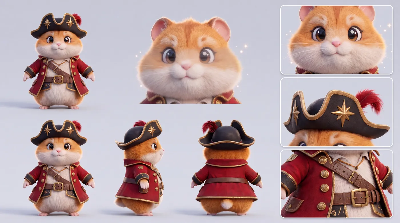 Figurark för hamstern Kapten Knaper, en rund hamster i röd piratrock och piratmössa.