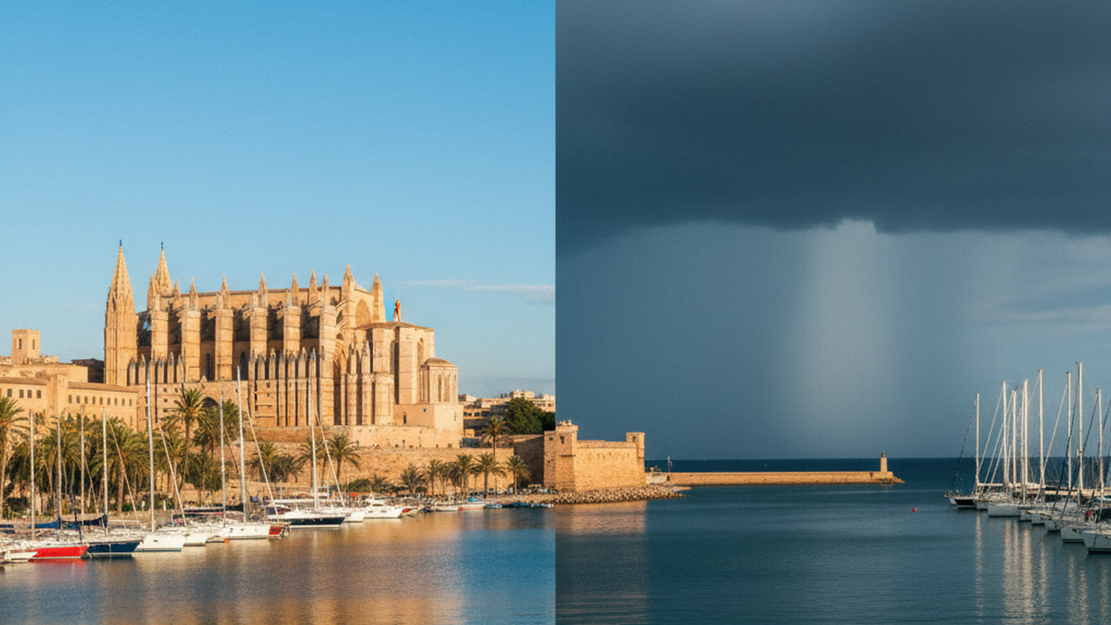 Palmas hamn med katedralen La Seu. Himlen är delad: vänstra halvan är solig och blå, högra halvan har ett mörkt regnmoln med en regnridå över havet.