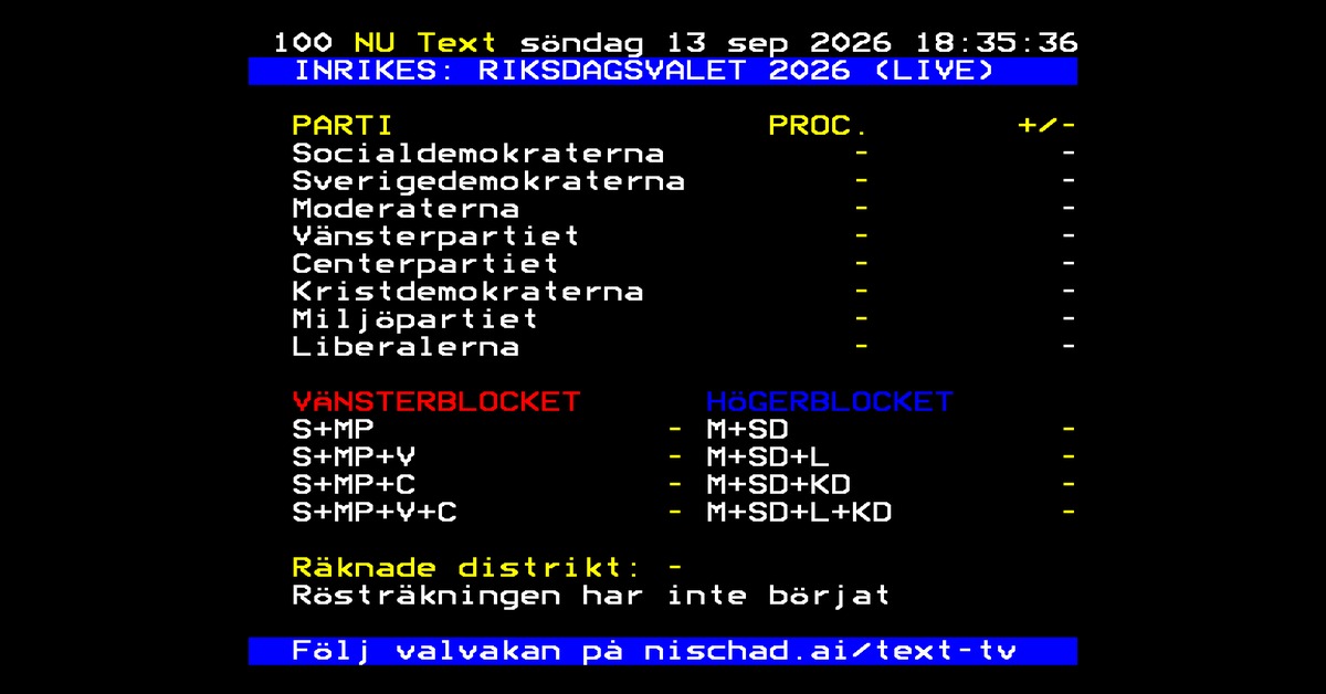 NU Text sidan 100: riksdagsvalet 2026 live, i text-TV-format